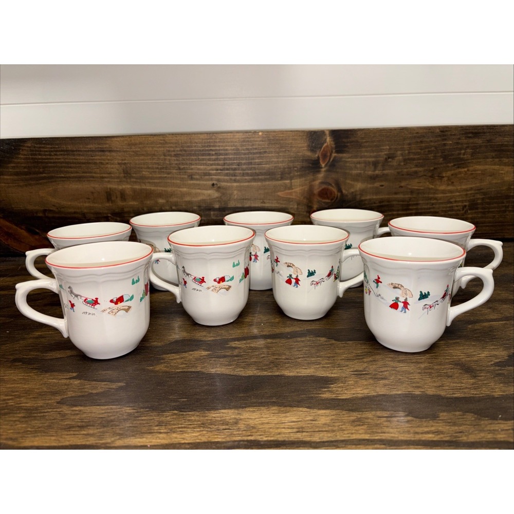 Set Of 9 Farberware Mugs White Christmas Flat Cup Red Barn Children Playing